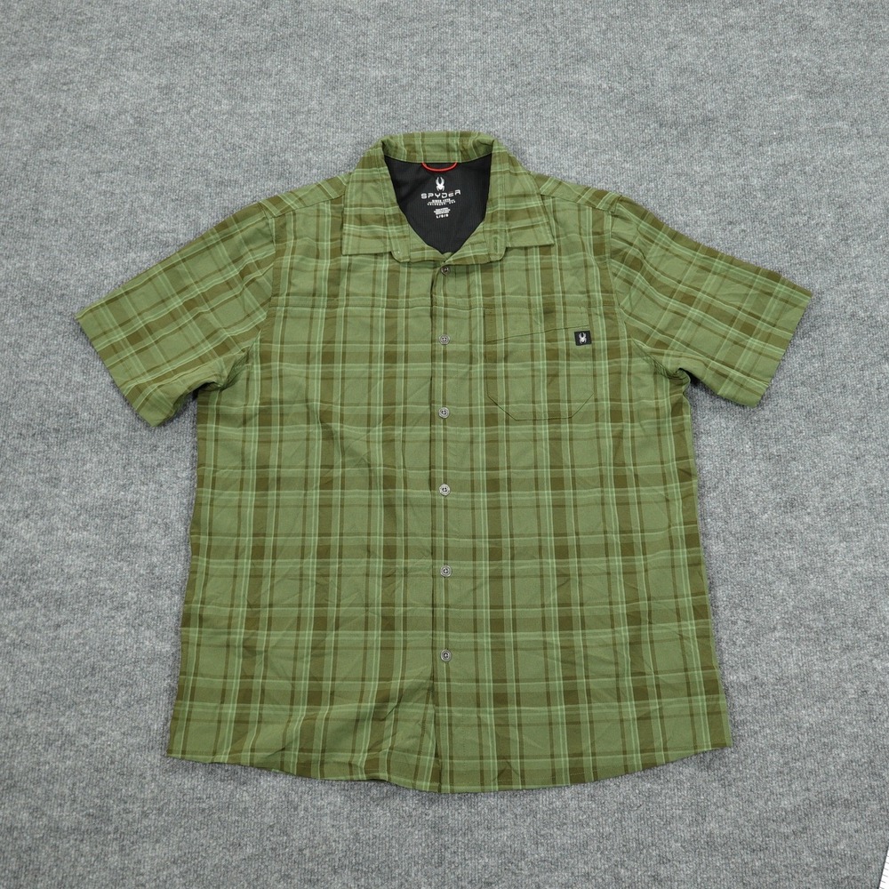 Spyder Shirt Mens Large Green Plaid Stretch Short Sleeve Button Front Outdoor